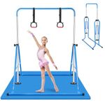 Gymnastics Bar with Rings for Kids Height Adjustable Horizontal Kip Bar Folding Gymnastics Junior Training Bar for Home Using Junior Training Bar Children Folding (Blue+Mat)