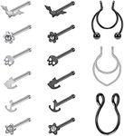 ZS 20G Corkscrew Nose Rings Surgical Steel L-Shaped Nose Studs Bat Skull Nose Bone Stud Nose Piercing Jewelry for Women (12pcs bone+3pcs fake)