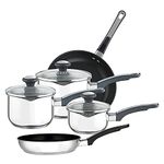 Prestige Stainless Steel Non Stick Pots and Pans Set of 5 - Suitable as Induction Hob Pan Set with Straining Lids & Pouring Lips, Dishwasher Safe, Oven Safe, Durable Cookware, Black/Silver