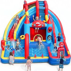 ELEMARA Speed Racer Kids Inflatable Water Slide Bounce House, 15 in 1 191x175in Double Slide Water Park with Climbing Wall, Splash Pool, Water Cannon, Basketball, Dartboard, Boxing Post, 750W Blower