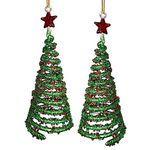 BANBERRY DESIGNS Red and Green Christmas Tree Ornaments - Set of 2 Spun Glass Trees with Glitter and Stars - Gift Boxed