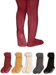 LA ACTIVE Baby Girl Tights Warm Cotton Leggings Tights, Non-Skid Seamless Cable Knit Stockings for 2T - 3T Infant Toddler, Burgundy/Gold/Vanilla/Charcoal/Black-5 Pairs