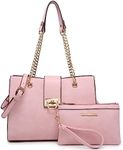 Dasein Women Fashion Tote Bags Handbag Purse Chain Shoulder Bag Top Handle Bag Hobo With Matching Clutch (Pink)