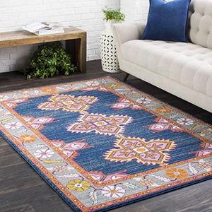 BoutiqueRugs Kaitlyn Navy Blue Medallion Bohemian Area Rug - Navy, Charcoal, MediumGray - 18" x 18" Sample