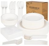 ilauke 170Pcs Paper Plates and Cutlery Set, Party Tableware Including 40 Paper Plates, 50 Napkins, 20 Knives, 20 Spoons, 20 Forks, 20 Bowls for Birthday Wedding BBQs, Biodegradable, White