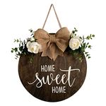 NC MaySunset Home Sweet Home Wreaths Decor Sign Front Door, Round Wood Hanging Sign with Ribbon Bow and Artificial Green Leaves, Farmhouse Porch Decorations for Home Thanksgiving, Brown