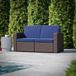 Flash Furniture Seneca Chocolate Brown Faux Rattan Loveseat with All-Weather Navy Cushions