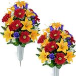 Artificial Headstone Flower Saddles for Graves, Cemetery Memorial Flowers for Outdoor Tombstone Decorations, Lily Rose Gerbera Mixed Saddle Flowers (Orange Lily, 2 Bouquets)