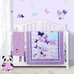 Sweet Baba Luxury 4 Piece Butterfly Crib Bedding Set,Purple Crib Set for Baby Girls,Microfiber Printed Nursery Bedding Set with Comforter/Skirt/Crib Sheet/Blanket