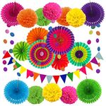 ZERODECO Party Decoration, 21 Pcs Multi-color Hanging Paper Fans Pom Poms Flowers Garlands String Polka Dot and Triangle Bunting Flags for Birthday Parties Wedding Décor Fiesta or Mexican Party