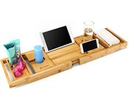 Utoplike Premium Bamboo Bathtub Tray, Bath tub Caddy Tray Organizer with Sliding Shampoo Soap Towel Holder,Tub Tray with Phone Stand and Adjustable Book Reading Rack for Books