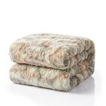 Tache 90x90 Oversized Soft Warm Tan Brown Blue Russian Lynx Faux Fur White Sherpa Bed Blanket, Full, Queen Size