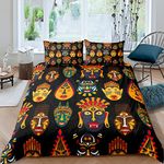 African Pattern Duvet Cover African Tribal Masks Bedding Set for Kids Boys Girls Teens Ethnic Afro Mask Decor Comforter Cover Traditional Exotic Style Bedspread Cover 3Pcs Zipper Super King