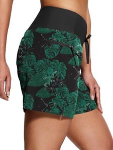 ISEEGZ Women's 5"/9" High Waisted Swim Board Shorts Quick Dry UPF 50+ Womens Swim Trunk Bottoms with Liner Zipper Pockets Green Floral