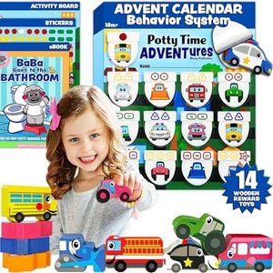 Potty TIME Adventures Potty Training Chart for Toddlers Toilet Training Advent Game Behavior Reward Chart by Lil ADVENTS - 14 Wooden Stacking Block Toys, Car Stickers, Activity Board (Busy Vehicles)