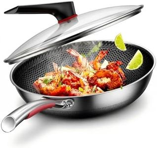 MEGOO Stainless Steel Non Stick Wok with Glass Lid,32cm Honeycomb Woks&Stir-Fry Pans,Stay-Cool Handle | Dishwasher-Friendly | Oven-Safe,Compatible with All Cooktops(12.6 Inch | PFA,PFOA Free)