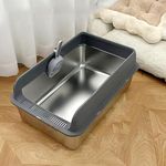 Stainless Steel Enclosed Sides Cat Litter Tray Box, Large Litter Box for All Cats Rabbits, Never Absorbs Odors, Non Stick Surface, Anti-slip Rubber Bottom, Easy to Clean, 50(L) x35(W) x 25(H) cm