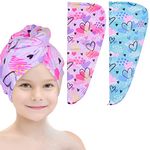 Basumee 2 Pack Microfibre Hair Towel Wrap for Kids Rapid Drying Hair Towel with Button Girls Hair Turbans for Wet Hair Wraps for Women