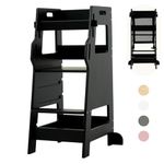 FUNLIO Toddler Tower with Safety Net, Kids Kitchen Step Stool, 3-Level Height Adjustable Toddler Kitchen Stool Helper, Montessori Child Standing Tower, Easy to Assemble, CE Approved - Black