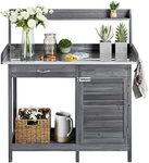 Yaheetech Outdoor Potting Bench Table, Garden Workstation w/Metal Tabletop/Cabinet Drawer/Open Top/Lower Shelf/Handy Hooks for Horticulture,Gray