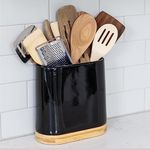 DAILY RITMO Large Kitchen Black Utensil Holder for Countertop with Bamboo Wooden Base | Minimalistic Cooking Utensils | Ceramic Tool Crock | Cylindrical Oval Shape | Narrow Spatula Organizer