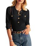 Women's Basic Sweatshirt with Gold Button Casual V Neck Lightweight Jumpers Slim Fitted Lapel Collar Knitwear Black M