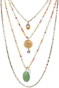 Katia Designs “Just Breathe” Necklace Layering Bundle – 4mm Crystal Bead Strand & 48" Stainless Steel Layering Chain – Labradorite, Crystal Quartz, Moonstone, Aventurine – Quick-Connect Clasp (Antique Gold / Multicolor Beads)