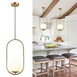 BOKT Modern 1-Light Large Globe Pendant Light Fixture Mid Century Brass Gold White Glass Pendant Lighting Kitchen Island Minimalist Round Ceiling Hanging Pendant Lamp