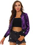 Allegra K Women's Sequin Long Sleeve Zipper Up Party Collarless Bomber Glitter Sparkly Jacket Purple Medium