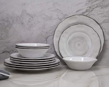 Melamine Dishes Dinnerware Sets - 12pcs Melamine Dinner Plates, Salad Plates and Bowls, for Everyday Use White