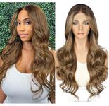 Sapphirewigs Brown Lace Front Wig Synthetic Body Wave Honey Brown Dark Roots Kanekalon Futura Wig Party Date Daily Wear Natural Looking Wig 26inch