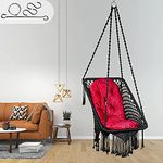 Patiofy Made in India Premium Square Shape Hammock Hanging Cotton Swing Chair with Cushion & Accessories for Kids & Adults/Indoor & Outdoor, Patio/ 150Kg Capacity/Swing with Large Red Cushion (Black)