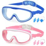 KAILIMENG 2 Pack Kids Swim Goggles, Clear Wide View No-Leak Anti-Fog UV Protection Swimming Glasses with Nose Clip Earplugs for Toddlers Youth Child 3-15 Years Old (Blue & Pink, 2 Pack)