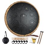 HOPWELL Steel Tongue Drum - 15 Note 14 Inch - Hang Drum Instrument - Hand Pan Drums with Music Book, Mallets and Carry Bag, D Major (Black)