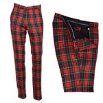 Men's Classic Retro Sta Press Slim Fit Flat Fronted Red Black Green Stewart Tartan Golf Trousers 60s 70s Mod Pants (42" Waist)