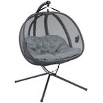 Outsunny Double Egg Chair with Stand, 2 Person Hanging Swing Egg Chair Outdoor Indoor, 528 LBS Capacity Loveseat Hammock Swing with Cushion, Pockets, Grey