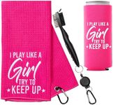 I Play Like A Girl Try to Keep Up Golf Towel With Brush and Can Cooler - Golf Gifts for Women - Womens Golf Towel - Pink Golf Towels for Golf Bags Women - Mothers Day Golf Gifts - Ladies Golf Towel