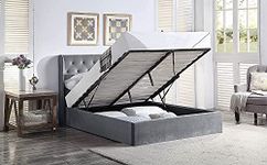 Home Treats Grey Velvet Material Ottoman Bed Frame With Mattress | Tall Winged Headboard Gas Lifting Under Bed Storage with Pocket Sprung Mattress — (Double, Mattress)