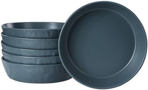 Navaris Set of 6 Pasta Bowls ⌀ 20cm - Stoneware Large Soup Bowl also for Ramen - Artisanal Linen Textured Design - Dishwasher & Microwave Safe - Smokey Blue