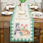 Bunny Happy Easter Table Runner, Linen Easter Flower Carrot Table Runner Seasonal Spring Farmhouse Kitchen Dining Bunny Egg Easter Table Runner Decoration for Home Party Decor Indoor Outdoor 13x72Inch