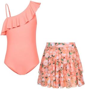 GRACE KARIN Teen Girls Swimsuit Size 12-14 One Piece Bathing Suits with Skirt Swimwear Pink