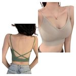 Davina Fashions Women's Cotton Girls Tank Top Crop Top Fitness Bra Deep Neck Backless Free Size Fits Upto 34 Bust (Light Brown And Olive Green (Pack Of 2)