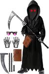 Oskiner Grim Reaper Costume for Kids, Scary Halloween Costume for Boys with Glowing Red Eyes/Scythe/Notebook/Gloves (S)