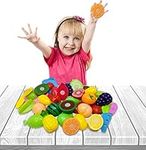 koolbitz 37 Pcs Pretend Play Fruit and Vegetable Cutting Toys Set for Kids, Food Set & Kitchen Accessories with Child-Safe Knife and Tray for Children, Fruit and Vegetable Play Set for Toddlers