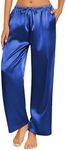 Ekouaer Womens Silk Satin Pajama Pants Casual Loose Lounge Pants Drawstring Elastic Waist Wide Leg Pj Bottoms with Pockets, Royal Blue, Large