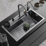 REMANENCE Modular Waterfall Kitchen Sink with Anti Scratch Honeycomb Design, Integrated and Pull-Down Faucet Set/304 Grade Stainless Steel Sink with Cup washer and Drain Baskets (30 x 18 x 9 inch)