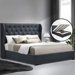 Artiss King Size Bed Frame Platform Wingback Headboard Frames Gas Lift Beds Base with Storage Space Bedroom Room Decor Home Furniture, Upholstered with Charcoal Faux Linen Fabric + Foam + Wood