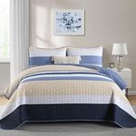 Boho Striped Quilt California King Quilt Sets,Blue/Grey Cal King Bedspread Lightweight Summer Quilt Set Oversized California King Size Quilt Bedding Set Patchwork Coverlet for All Season - 3 Piece