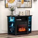 GOFLAME Corner Fireplace TV Stand with LED Lights for TVs up to 50”, Modern Entertainment Center with Electric Fireplace, Remote & Smart APP Control, TV Console with Adjustable Glass Shelves (Black)