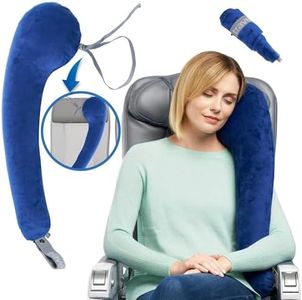 TRAVELREST All-in-One Travel Pillow for Neck & Body, Attaches to Airplane & Car Seat, Memory Foam Inserts, Washable Velour Cover, Inflatable, Stores Compact, Sleeping on Long Flights & Trips, Blue